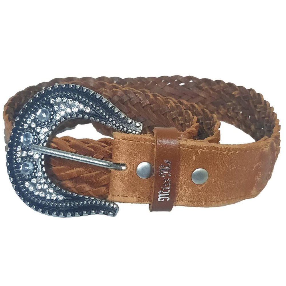 Miss Me Leather Belt Brown Woven Leather Rhinestone Silver Buckle Size M (B105)